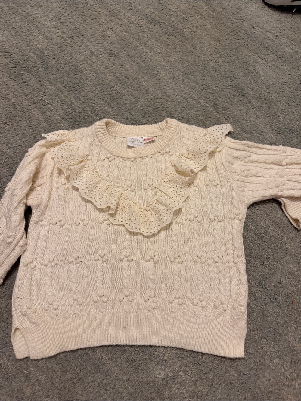 Zara Cream Eyelet Ruffle Cable-Knit Sweater Top